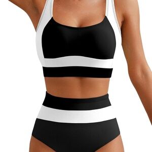 Black and White Women's Swim Set High Waisted